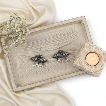 Silver Oxidized Pearl Hook Earrings for Women