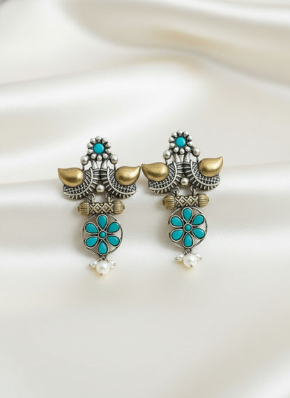 Traditional Two-Tone Oxidized Bird Earrings for Women