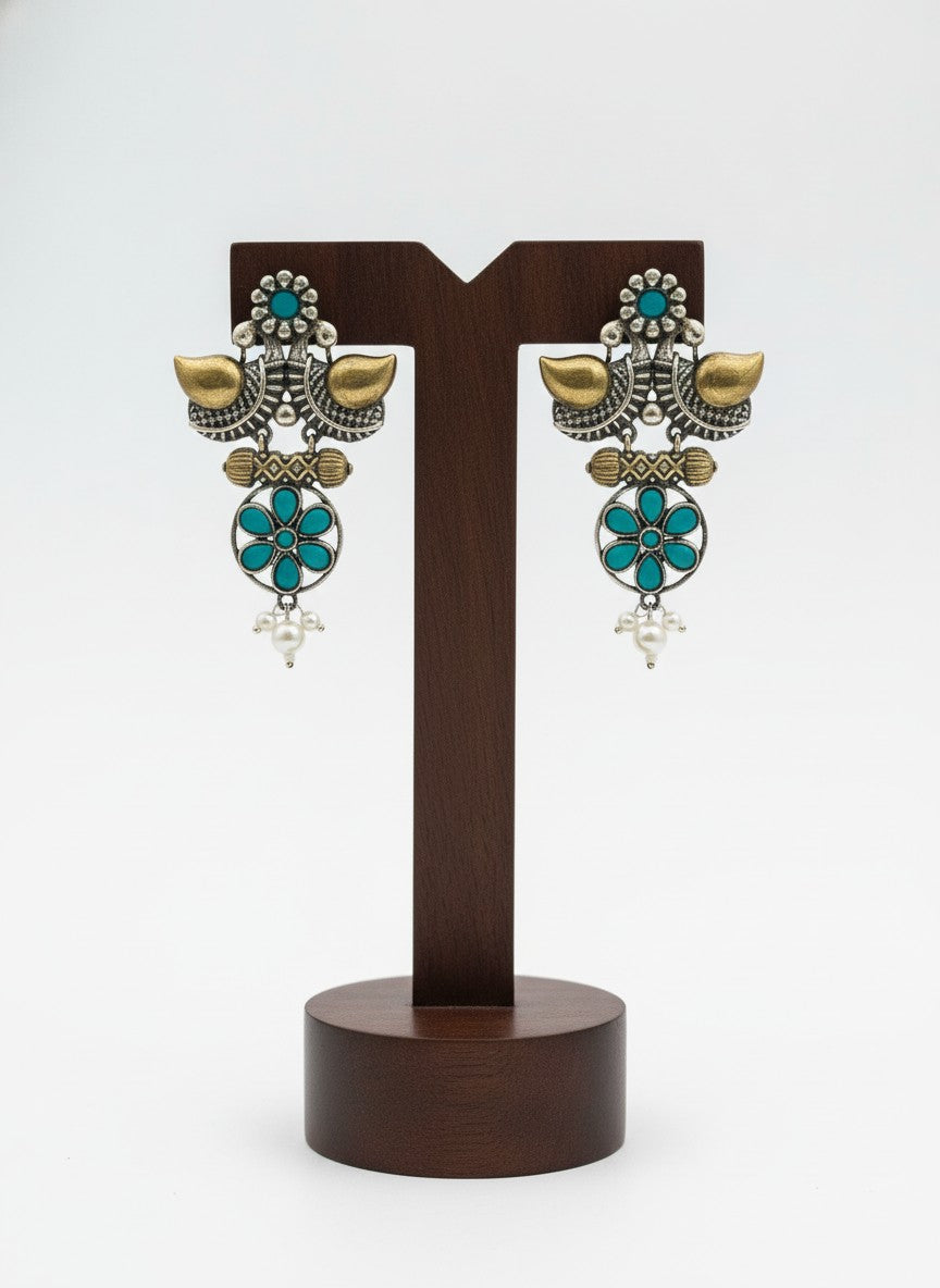 Traditional Two-Tone Oxidized Bird Earrings for Women
