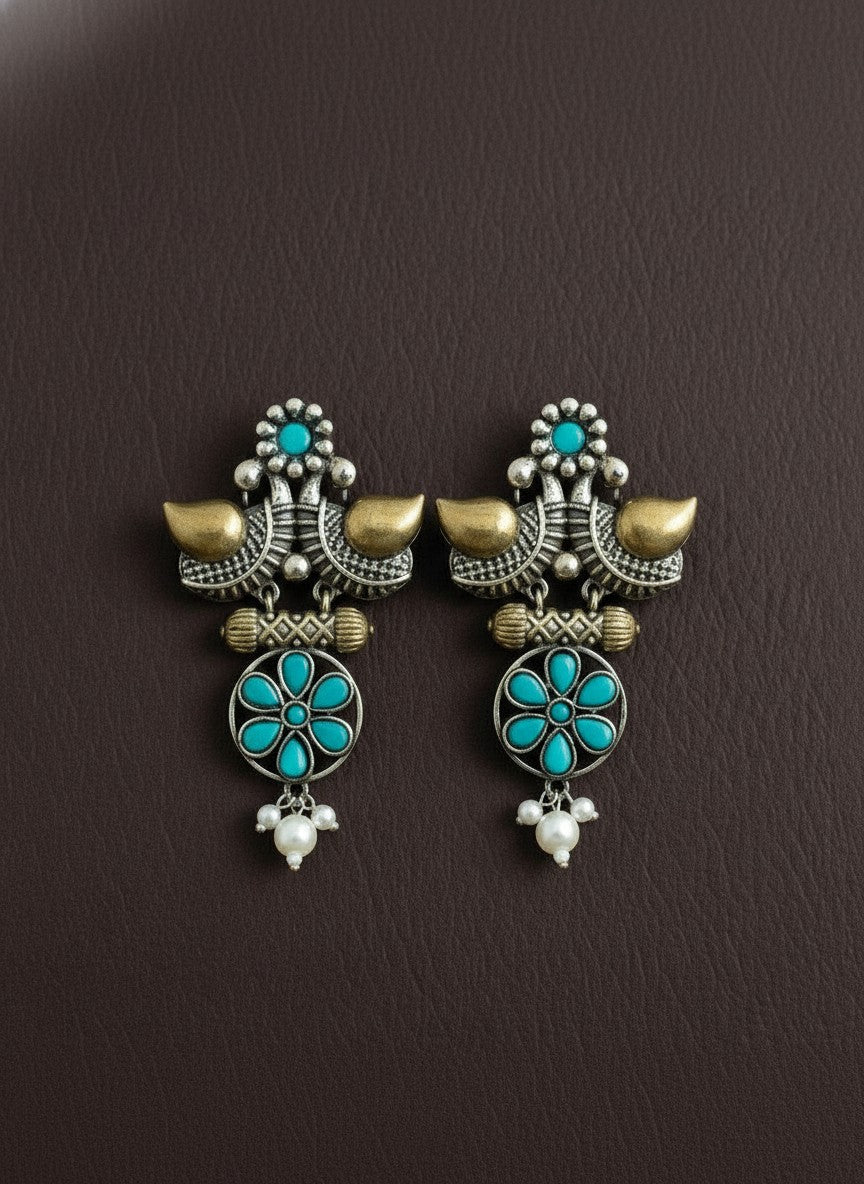Traditional Two-Tone Oxidized Bird Earrings for Women