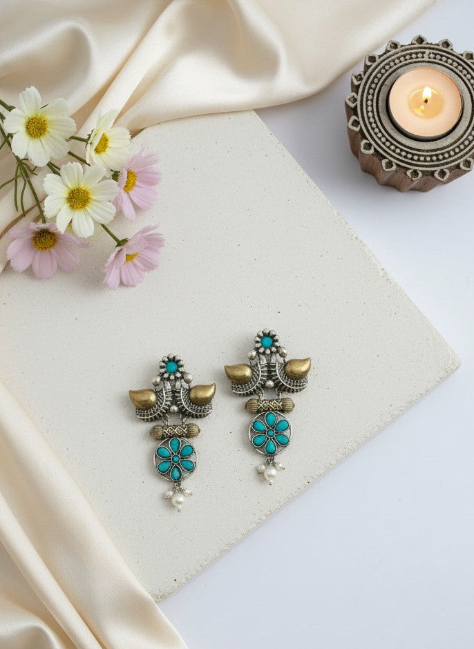 Traditional Two-Tone Oxidized Bird Earrings for Women