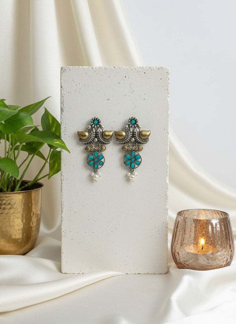 Traditional Two-Tone Oxidized Bird Earrings for Women