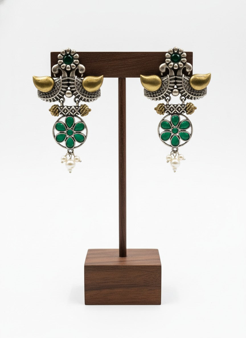 Traditional Two-Tone Oxidized Bird Earrings for Women