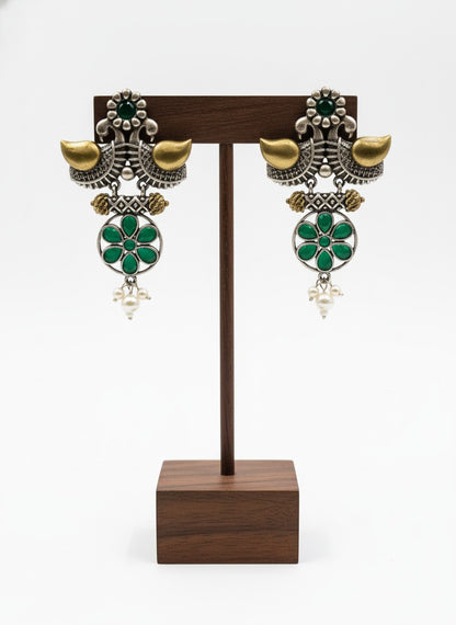 Traditional Two-Tone Oxidized Bird Earrings for Women