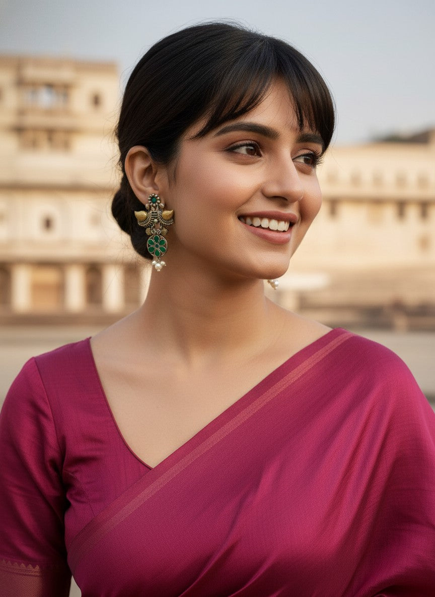Traditional Two-Tone Oxidized Bird Earrings for Women