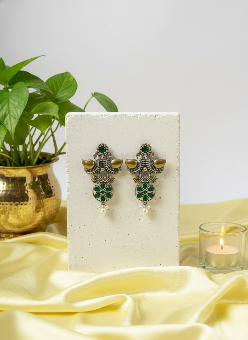 Traditional Two-Tone Oxidized Bird Earrings for Women