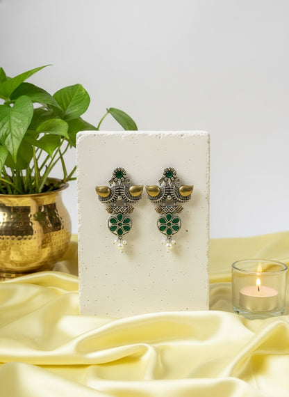 Traditional Two-Tone Oxidized Bird Earrings for Women