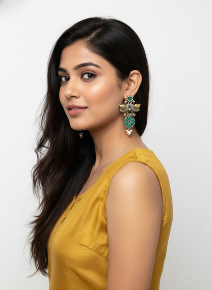 Traditional Two-Tone Oxidized Bird Earrings for Women