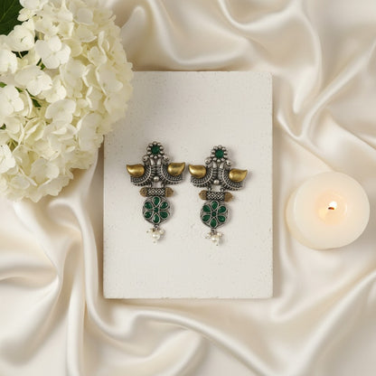 Traditional Two-Tone Oxidized Bird Earrings for Women