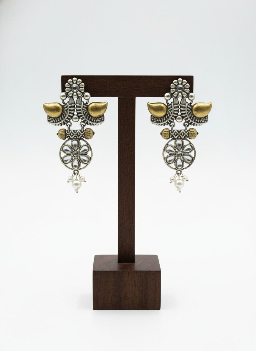Traditional Two-Tone Oxidized Bird Earrings for Women