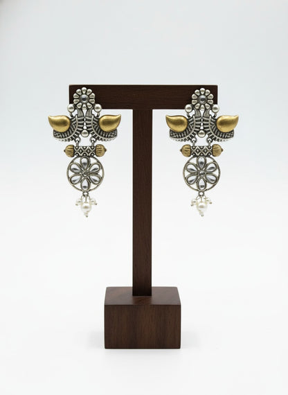 Traditional Two-Tone Oxidized Bird Earrings for Women