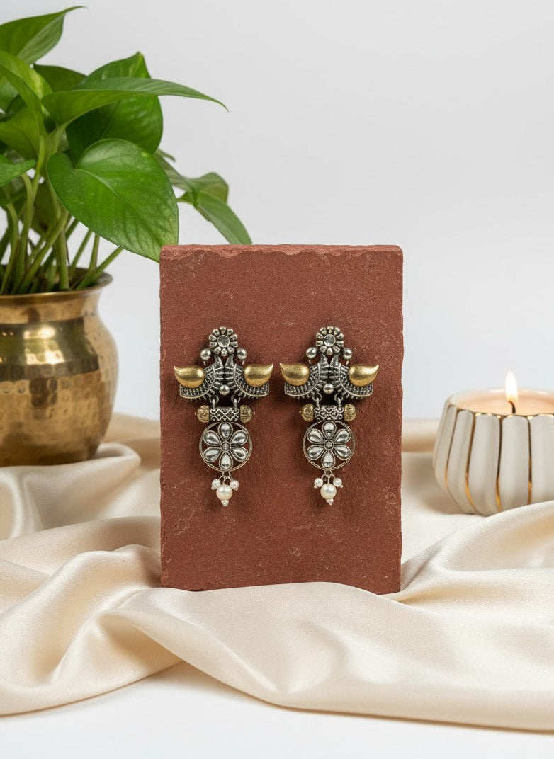 Traditional Two-Tone Oxidized Bird Earrings for Women