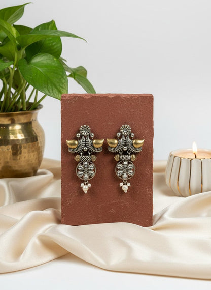 Traditional Two-Tone Oxidized Bird Earrings for Women