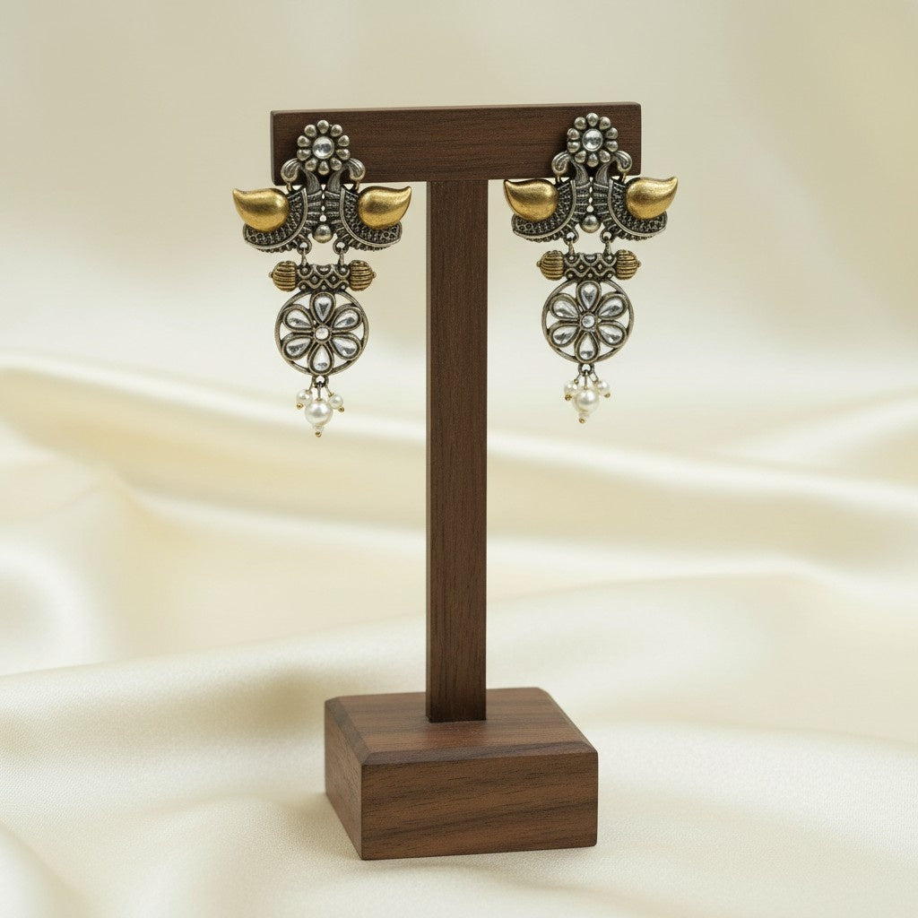 Traditional Two-Tone Oxidized Bird Earrings for Women