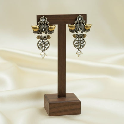 Traditional Two-Tone Oxidized Bird Earrings for Women