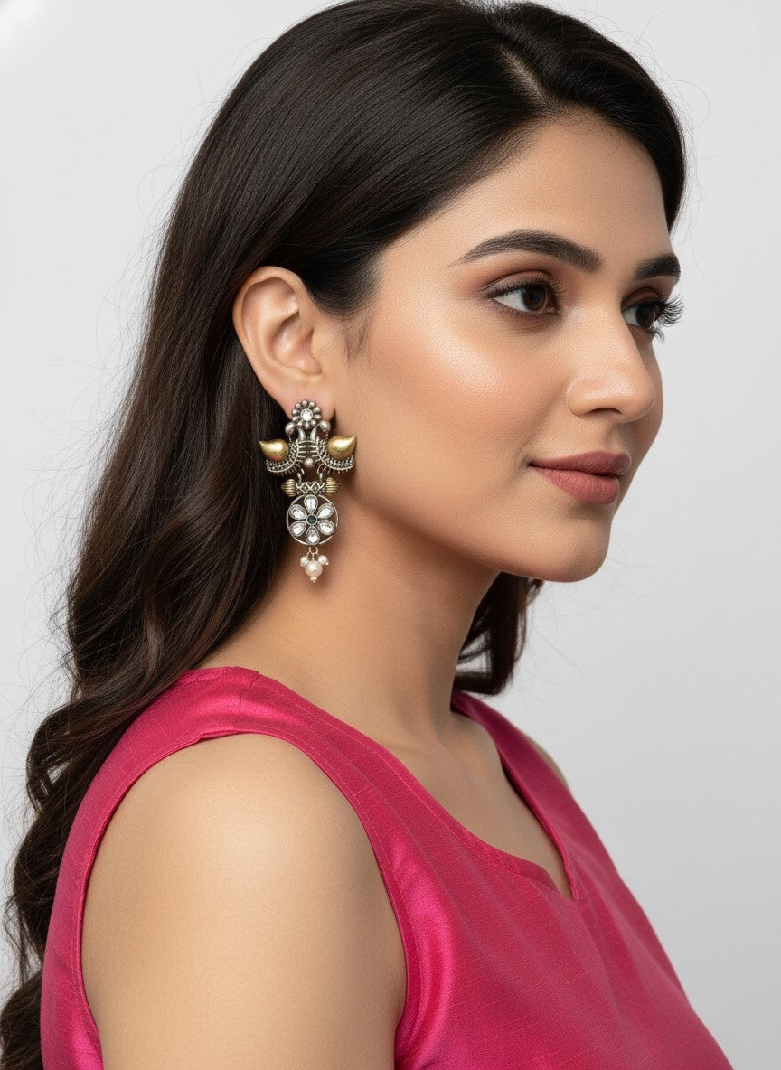 Traditional Two-Tone Oxidized Bird Earrings for Women