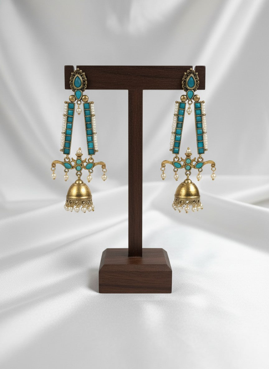 Traditional Long Two-Tone Jhumki Dangler Earrings with Pearl & Stone Work