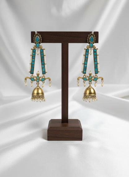 Traditional Long Two-Tone Jhumki Dangler Earrings with Pearl & Stone Work