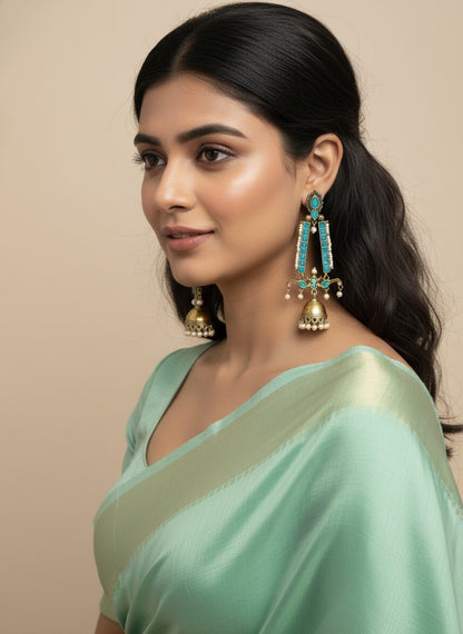 Traditional Long Two-Tone Jhumki Dangler Earrings with Pearl & Stone Work