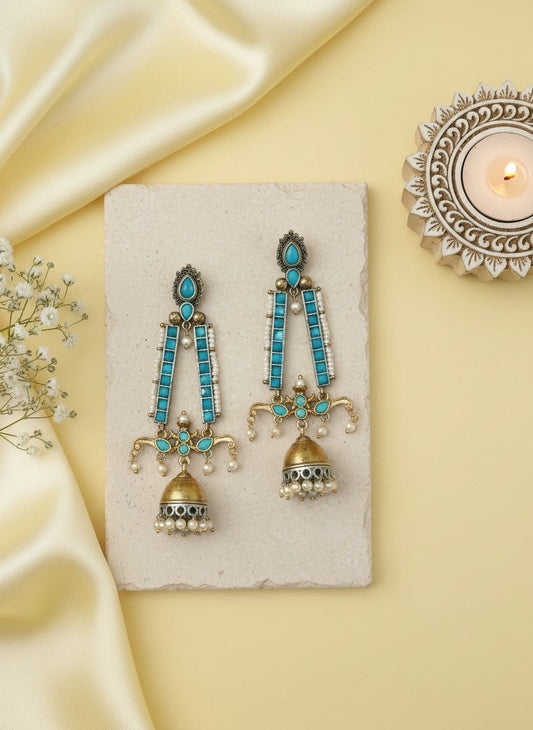 Traditional Long Two-Tone Jhumki Dangler Earrings with Pearl & Stone Work