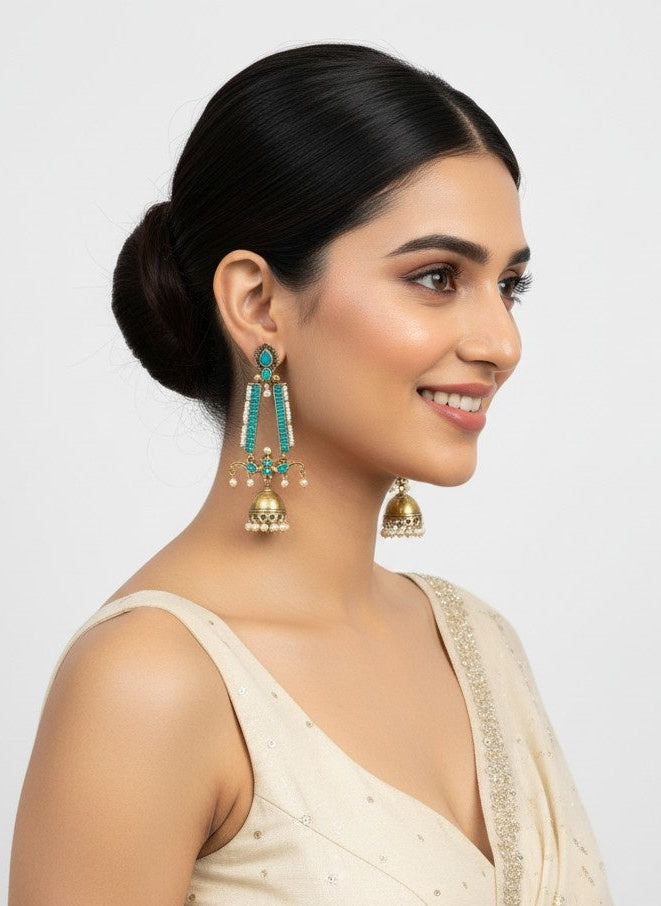 Traditional Long Two-Tone Jhumki Dangler Earrings with Pearl & Stone Work
