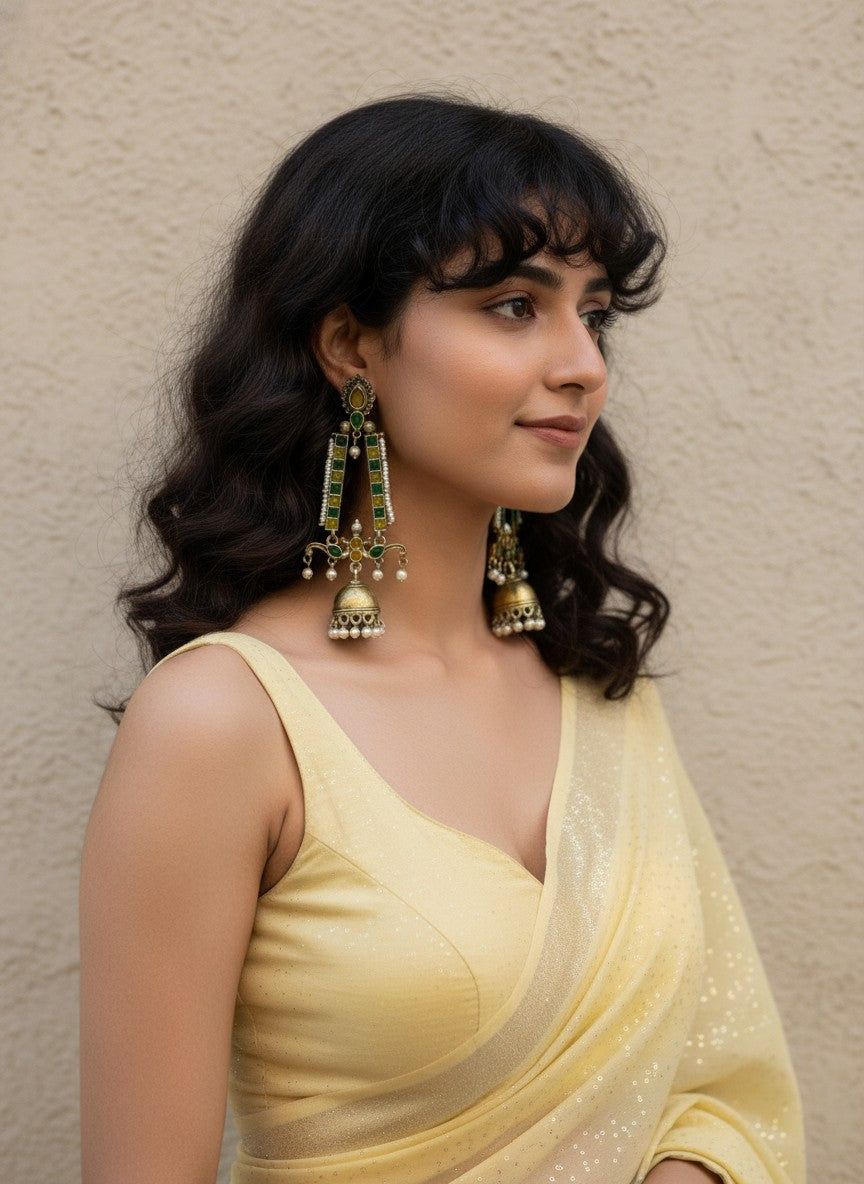 Traditional Long Two-Tone Jhumki Dangler Earrings with Pearl & Stone Work