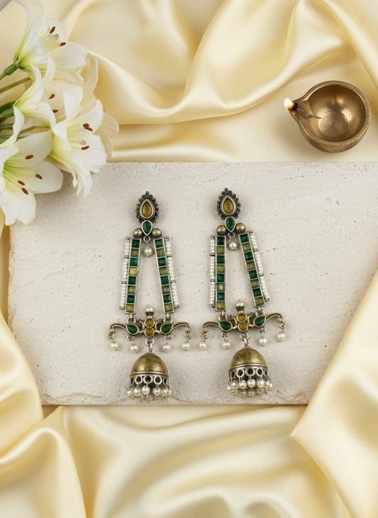 Traditional Long Two-Tone Jhumki Dangler Earrings with Pearl & Stone Work