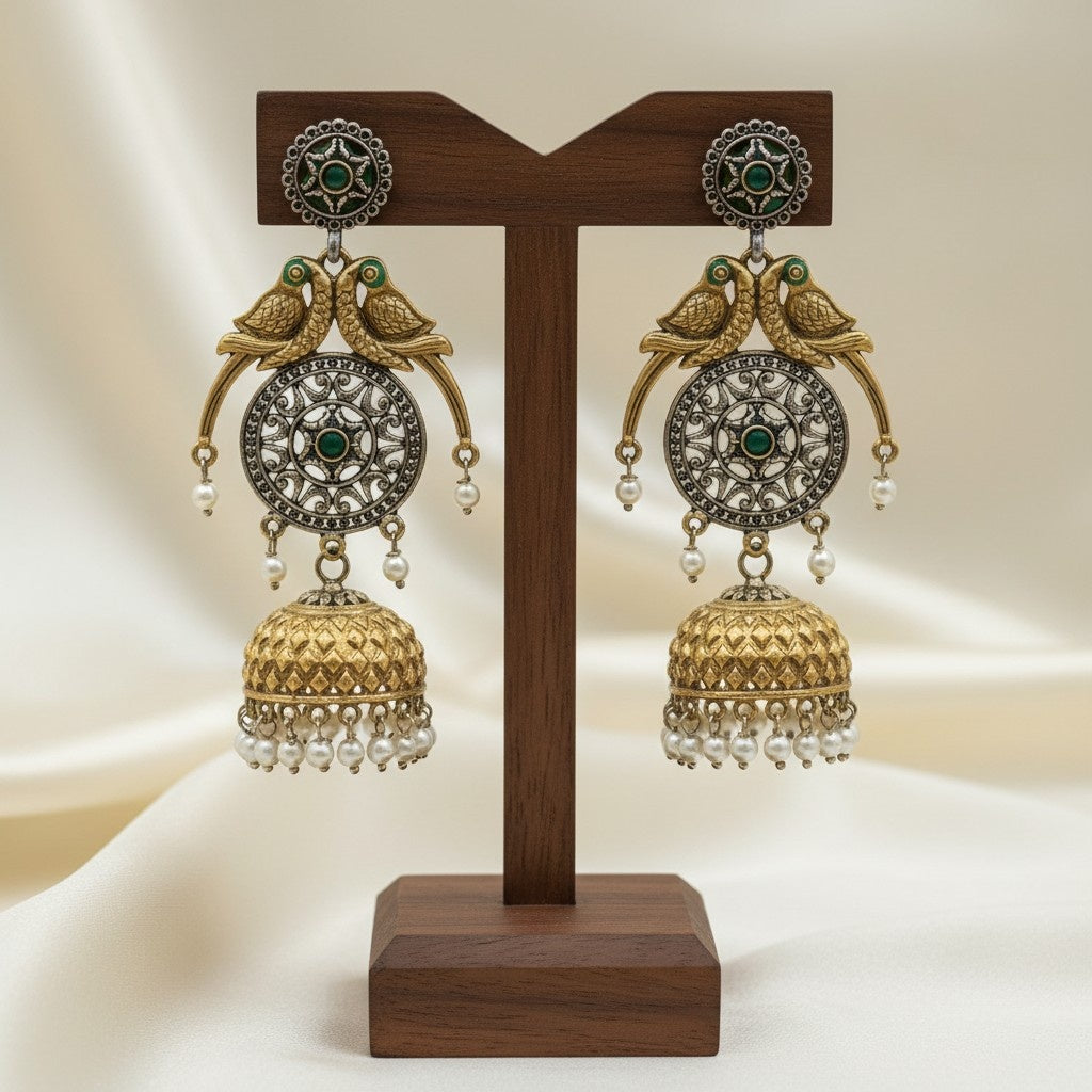 Traditional Two-Tone Parrot Jhumka Dangler Earrings for Women