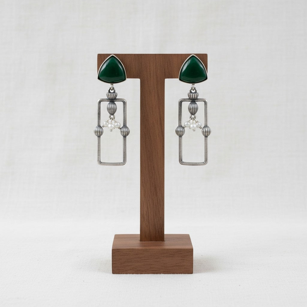Statement Silver Oxidized Geometric Dangler Earrings with Monalisa stones and pearls