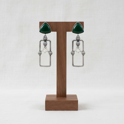 Statement Silver Oxidized Geometric Dangler Earrings with Monalisa stones and pearls