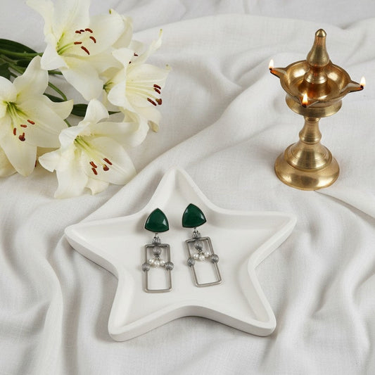 Statement Silver Oxidized Geometric Dangler Earrings with Monalisa Stones and Pearls for Women
