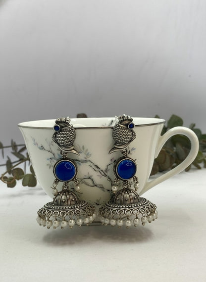 Silver Oxidized Peacock-Inspired Blue Stone Jhumka Earrings for Women - Special Occasions