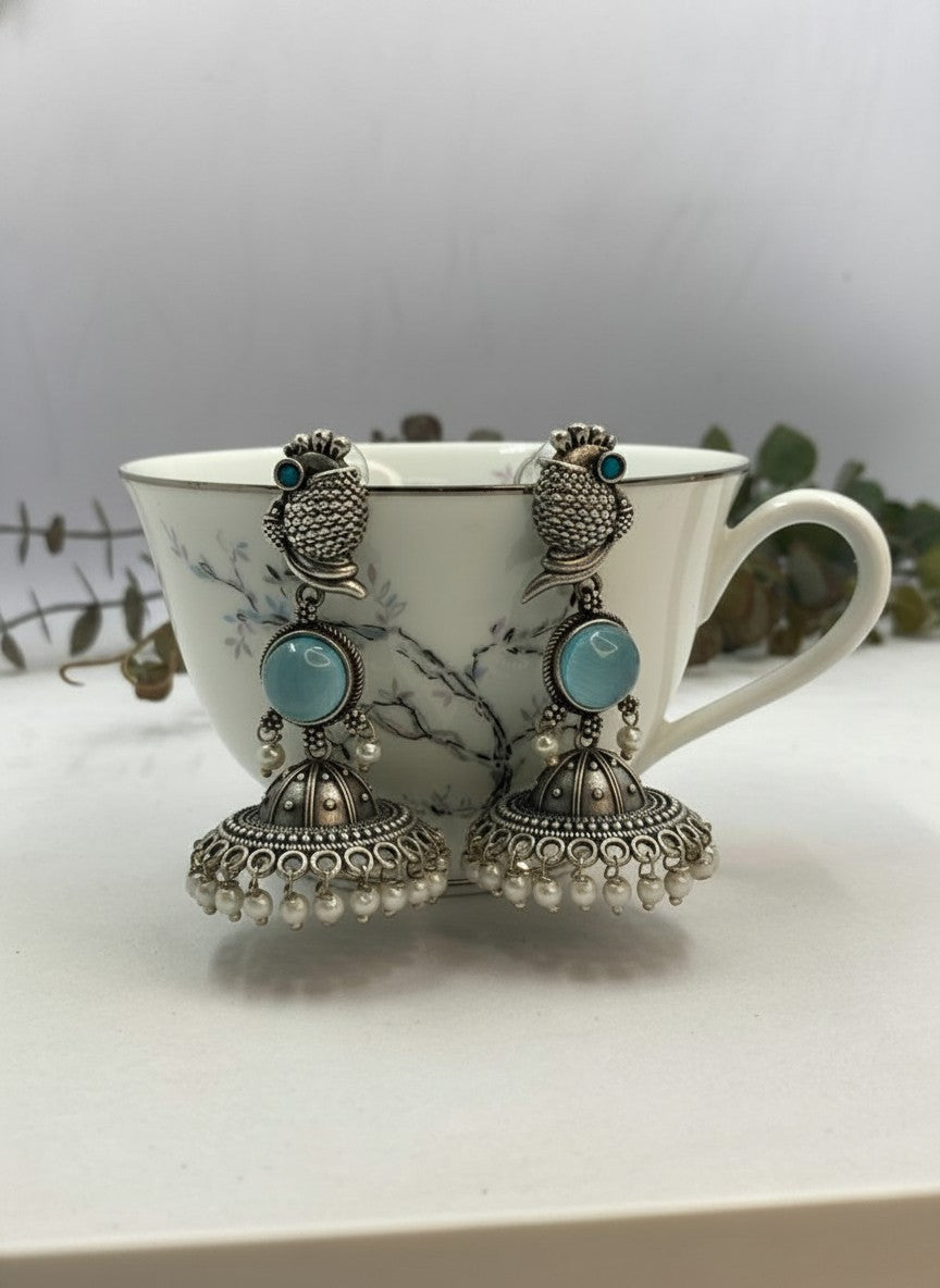 Silver Oxidized Peacock-Inspired Aqua Stone Jhumka Earrings for Women - Special Occasions