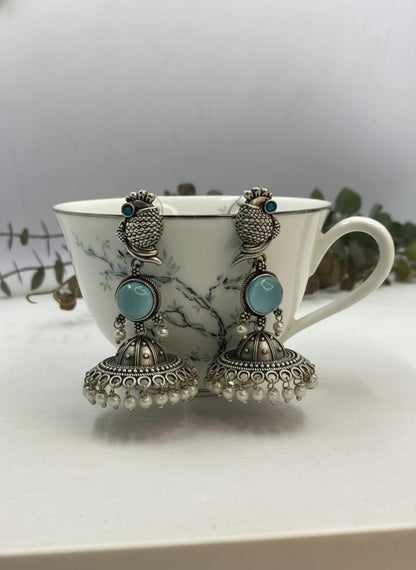 Silver Oxidized Peacock-Inspired Aqua Stone Jhumka Earrings for Women - Special Occasions