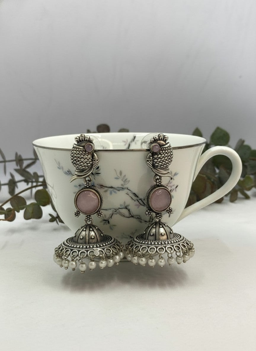 Silver Oxidized Peacock-Inspired Pink Stone Jhumka Earrings for Women - Special Occasions