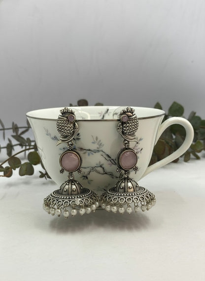 Silver Oxidized Peacock-Inspired Pink Stone Jhumka Earrings for Women - Special Occasions