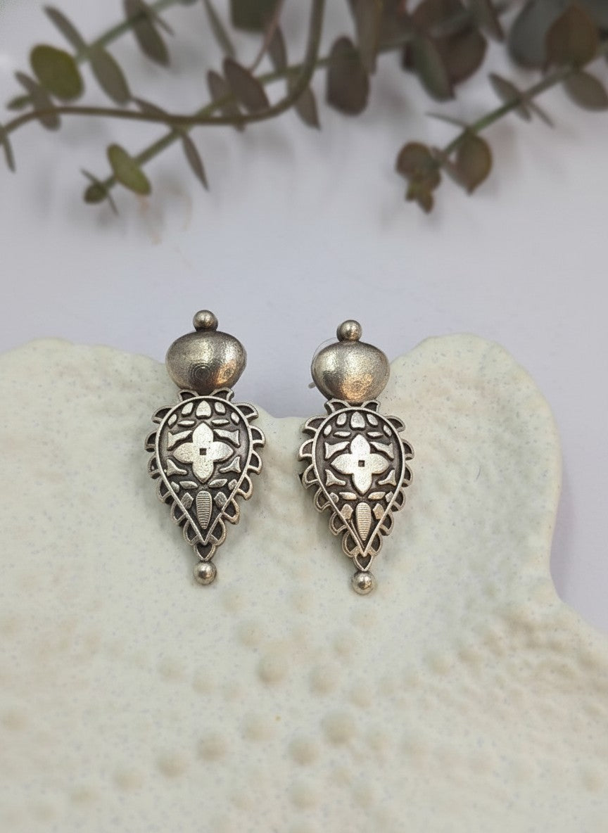 Silver Oxidized Floral Filigree Stud Earrings for Women - Everyday Wear