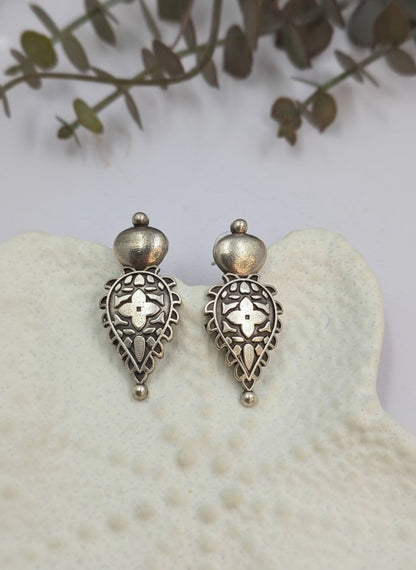 Silver Oxidized Floral Filigree Stud Earrings for Women - Everyday Wear