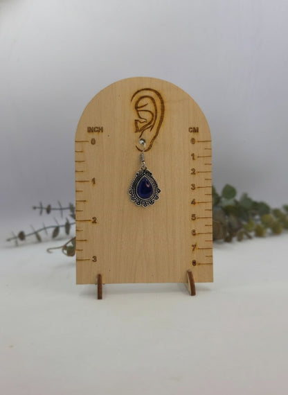 Silver Oxidized Blue Monalisa Stone Teardrop Filigree Hook Earrings for Women - Everyday Wear