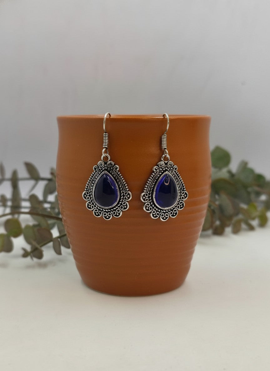 Silver Oxidized Blue Monalisa Stone Teardrop Filigree Hook Earrings for Women - Everyday Wear