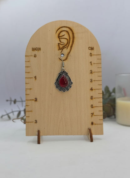 Silver Oxidized Red Monalisa Stone Teardrop Filigree Hook Earrings for Women - Everyday Wear