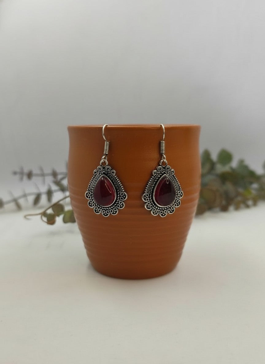Silver Oxidized Red Monalisa Stone Teardrop Filigree Hook Earrings for Women - Everyday Wear