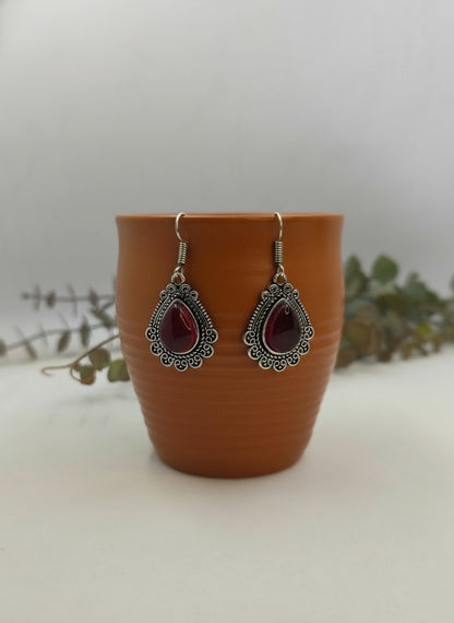 Silver Oxidized Red Monalisa Stone Teardrop Filigree Hook Earrings for Women - Everyday Wear