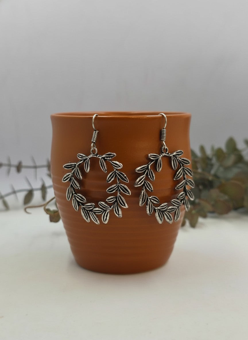 Silver Oxidized Leaf Wreath Hook Earrings for Women - Casual Everyday Wear