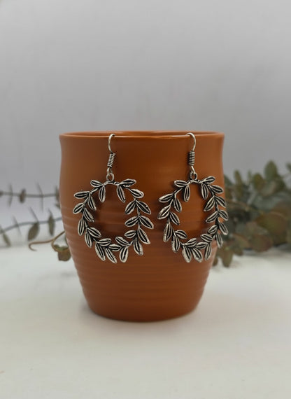 Silver Oxidized Leaf Wreath Hook Earrings for Women - Casual Everyday Wear