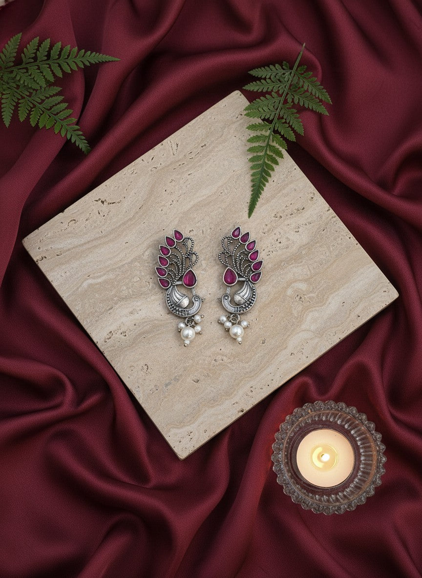 Silver Oxidized Peacock Motif Studs Earrings in Ruby Stones and Pearl Drop for Women - Ethnic Wear