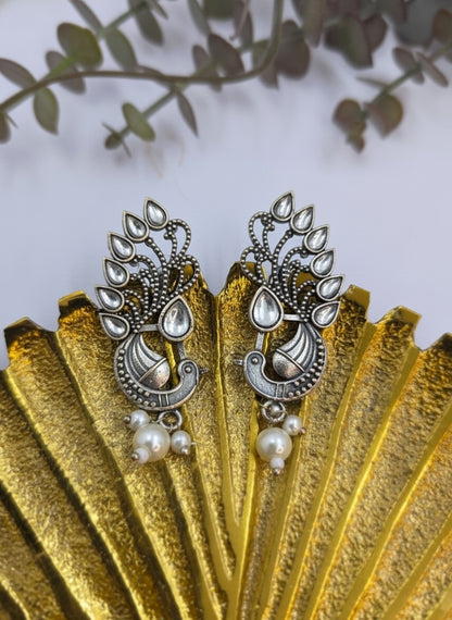 Silver Oxidized Peacock Motif Studs Earrings in White Stones and Pearl Drop for Women - Ethnic Wear