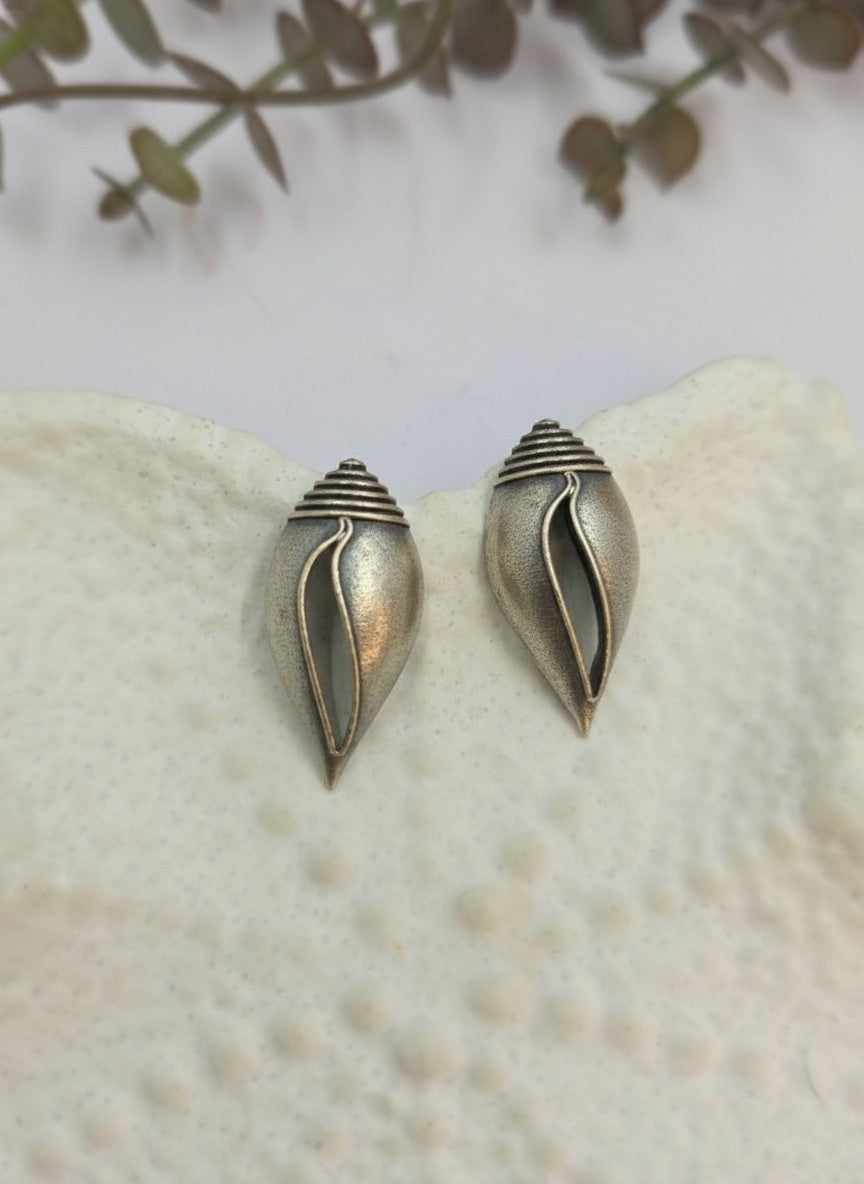 Silver Oxidized Conch Shell Inspired Stud Earrings for Women - Everyday Wear