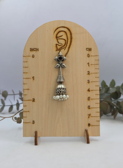 Silver Oxidized Boho Floral Jhumka Earrings with Dark Blue Stone and Pearl Drops for Women - All Occasions