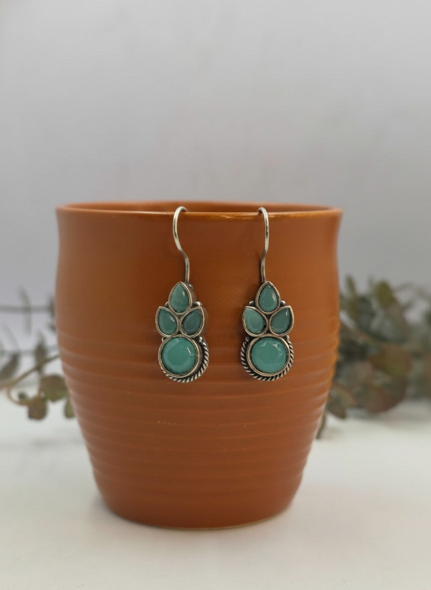 Silver Oxidized Mint Stone Floral Drop Earrings for Women - Everyday Wear